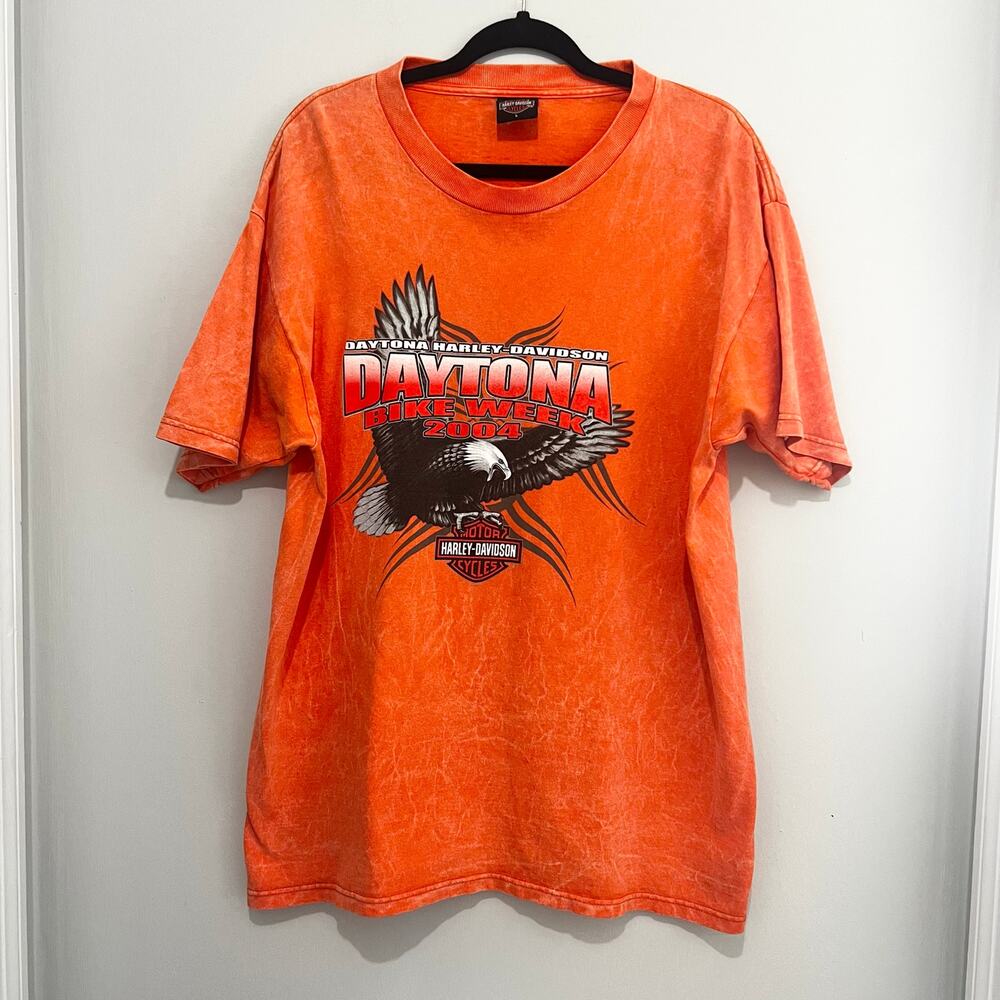 Vintage ‘04 Daytona Bike Week Harley Davidson Orange Short Sleeve Tee Shirt LG